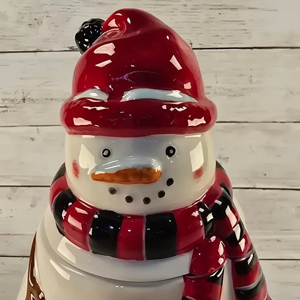 Pier 1 Imports Snowman Cookie Jar Hand Painted Dolomite Red Black Scarf 9.5in